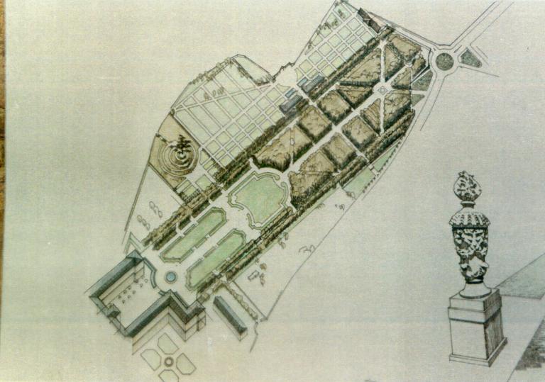jardins de l'abbaye de bénédictines de la Trinité dite abbaye aux Dames, actuellement parc dit parc Michel-d'Ornano de l'hôtel de Région