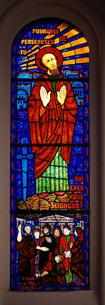 verrière hagiographique : Conversion de Paul, saint Paul à Athènes (baie 1)