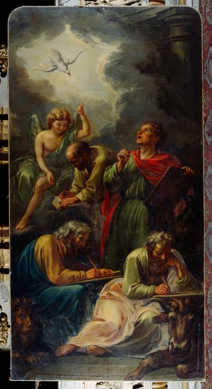 ensemble de 2 tableaux en pendant : Moïse reçoit la loi sur le Sinaï, les quatre évangélistes écrivant sous l'inspiration du Saint-Esprit