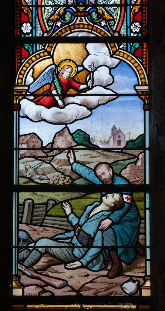 verrières hagiographique et commémoratives de la guerre de 1914-1918 : Sainte Famille, Apparition d'un ange à un soldat mourant soutenu par un aumônier
