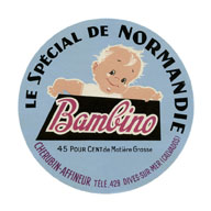 Dives-sur-Mer. Fromagerie. "Le spécial de Normandie Bambino - Chérubin-affineur Télé. 429 Dives-sur-Mer (Calvados)".- Etiquette de fromage. (Musée de Normandie, Caen).