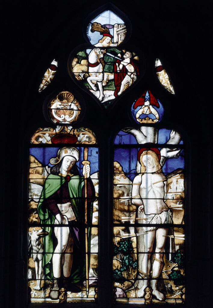 verrière hagiographique : saint Roch, saint Sébastien, Charité de saint Martin (baie 11)