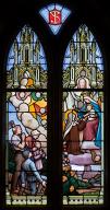 verrière historiée et commémorative de la guerre de 1914-1918 : Soldat et famille en prière devant sainte Thérèse de l'enfant Jésus (baie 19)