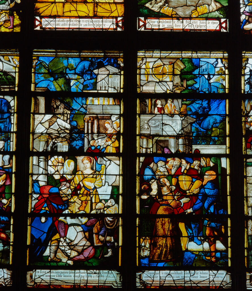 verrière : Scènes de la vie de sainte Clotilde, vengeance de Gondebaud, le Mariage de sainte Clotilde (baie 24)