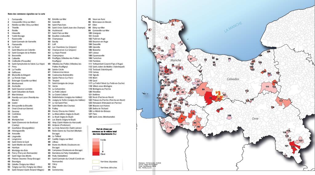 Répartition des vitraux en lien avec la guerre de 1914-1918 dans les départements du Calvados, de la Manche et de l'Orne.- Infographie service SIG Région Normandie, 2018.