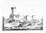 Vue du Château de Bricquebec, vue d'ensemble depuis le sud-ouest.- Lithographie, G. Engelman, d'après Nourrichel, 1824, tiré de : Atlas de la Société des Antiquaires de Normandie, t. I, 1825.