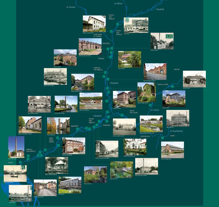 Carte des uisnes textiles étudiées dans le cadre de l'opération d'Inventaire - extraite de l'exposition l'Andelle Industrielle (2018).