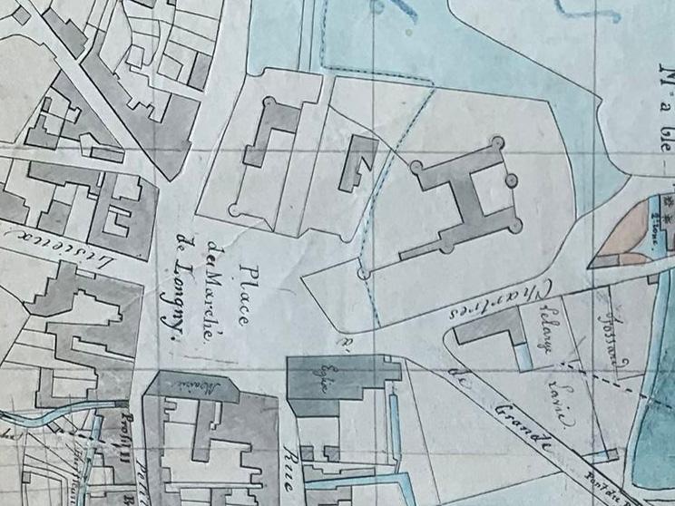 Plan partiel du bourg dressé à l'occasion du règlement d'eau de l'usine de la Fenderie en 1857.- Encre et aquarelle sur papier (AD Orne - 1812 W 31).