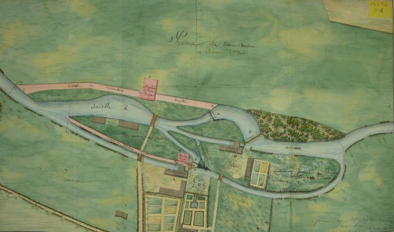 Plan de 1816 des moulins à foulon Pouchet, de Romilly-sur-Andelle, tiré de la série S des archives départementales de l'Eure (AD Eure. 18 S 54). 