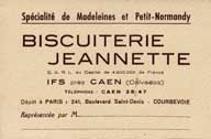 Carte de visite au nom de la Biscuiterie Jeannette.- Carte de visite, s.d., années 1950, 12 x 8 cm. (Collection particulière Vinchon).