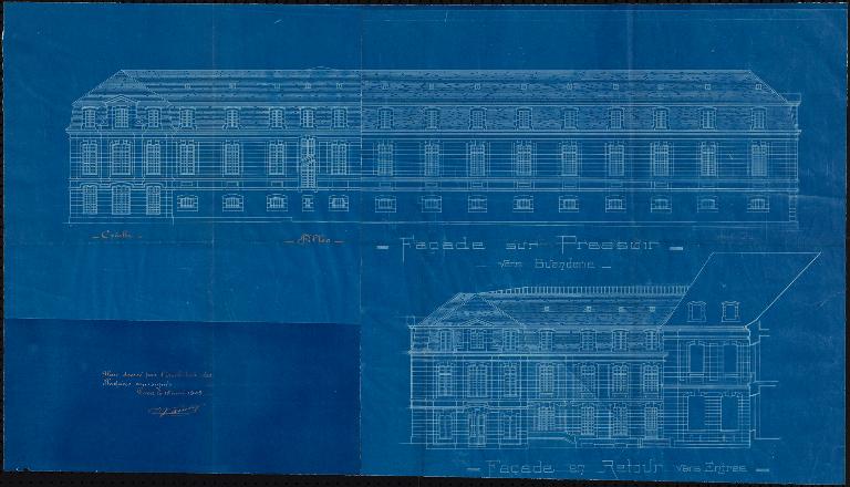 Elévation de l'aile dite du Pressoir, Charles-Prosper Vaussy.- Cyanotype, 1909. (C.H.U. de Caen, T 321).