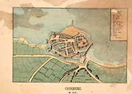 Cherbourg en 1656, copie du plan Gomboust.- Dessin à l'encre et aquarelle sur papier, 28,5 x 47 cm, s.d. (Bibliothèque municipale, Cherbourg-Octeville. Album K, vol 3, F° 35).