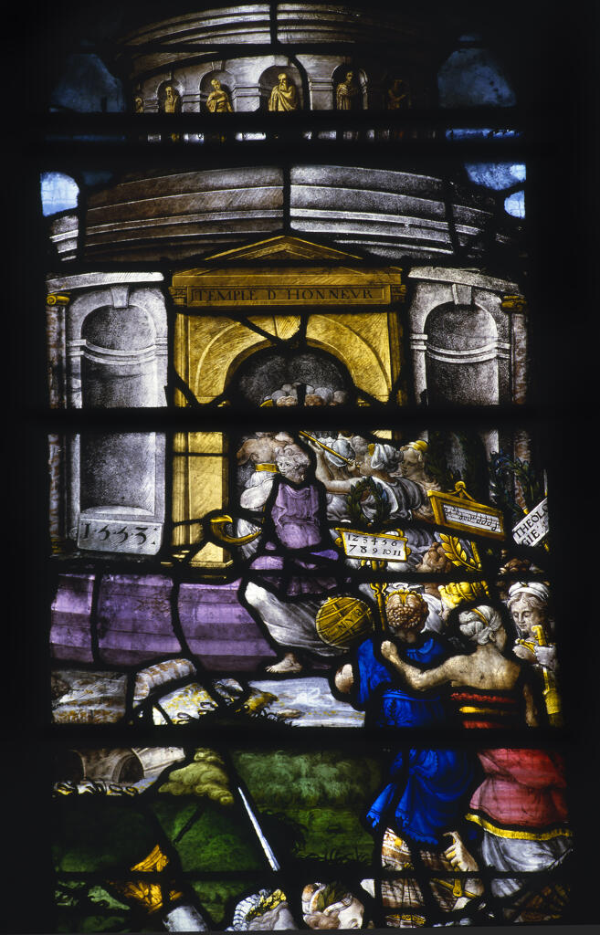 verrière historiée : Triomphe de la Vierge (baie 15)
