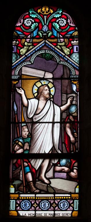 ensemble de 2 verrières historiées et commémoratives de la guerre de 1914-1918 : Résurrection, Annonciation (baies 1 et 2)