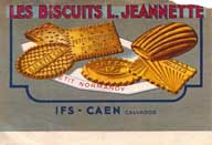 Etiquette de paquets de gâteaux "Les Biscuits L. Jeannette" : Petit Normandy, Galette de Caen, Trèfle, Biscuit Mollier, Madeleine.- Etiquette de paquets de gâteaux, après 1969, 20,6 x 14,2 cm. (Collection particulière Vinchon).