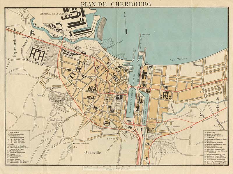 Plan de Cherbourg.- Plan imprimé couleur, 27,3 x 36,3 cm, s. d. (AD Manche. 1 FI 119).