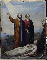 bannière de procession de paroisse : saint Côme, saint Damien, saint Joseph