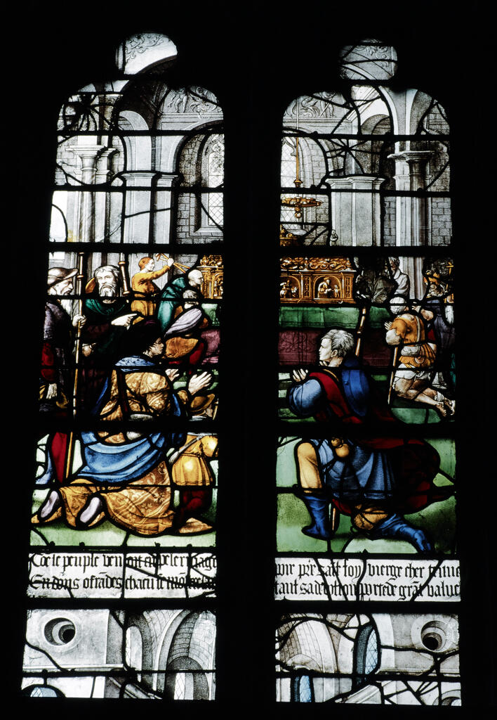 verrière hagiographique et historiée : Reliques de sainte Foy, Scènes de la Passion (baie 6)