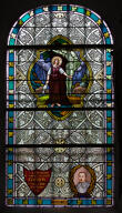 ensemble de 2 verrières mixtes hagiographiques et commémoratives de la guerre de 1914-1918 : sainte Jeanne d'Arc entendant les voix, saint François Xavier ; à la mémoire de François Cordon (baies 1 et 2)