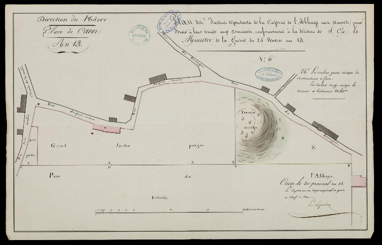 Plan des jardins dépendants de la cazerne de l’Abbaye aux Dames, pour servir à leur remise aux Domaines.- Encre, lavis d’encre, aquarelle, Ministère de la Guerre, Direction du Havre, 30 prairial an XIII [19 juin 1805]. (Archives départementales du Calvados. 1 Q 512).