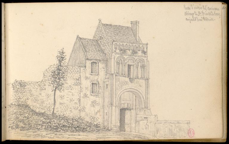 Porte d’entrée de l’ancienne abbaye de Ste Trinité de Caen, aujourd’hui détruite. Charles-Édouard Lambert, crayon, avant 1823, tiré de : Carnets de croquis et de notes sur des monuments de Normandie / Charles-Edouard Lambert. S. d., t. 2. (Paris, Bibliothèque de l’INHA, collections Jacques Doucet. Ms 228).