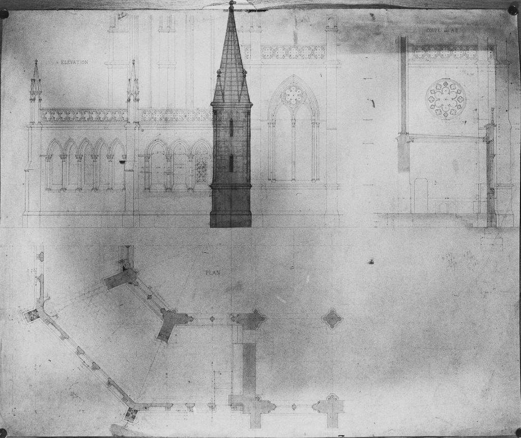 ensemble de plans et dessins d'architecture de la basilique Notre-Dame de Bonsecours