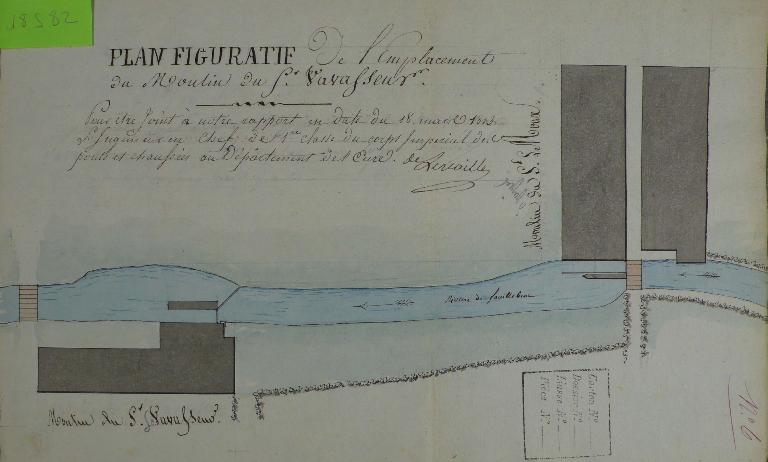 Plan de situation du moulin à blé de l'Eglise et du moulin à papier Le Roux 18 Mars 1813 (AD27, 18S 82).