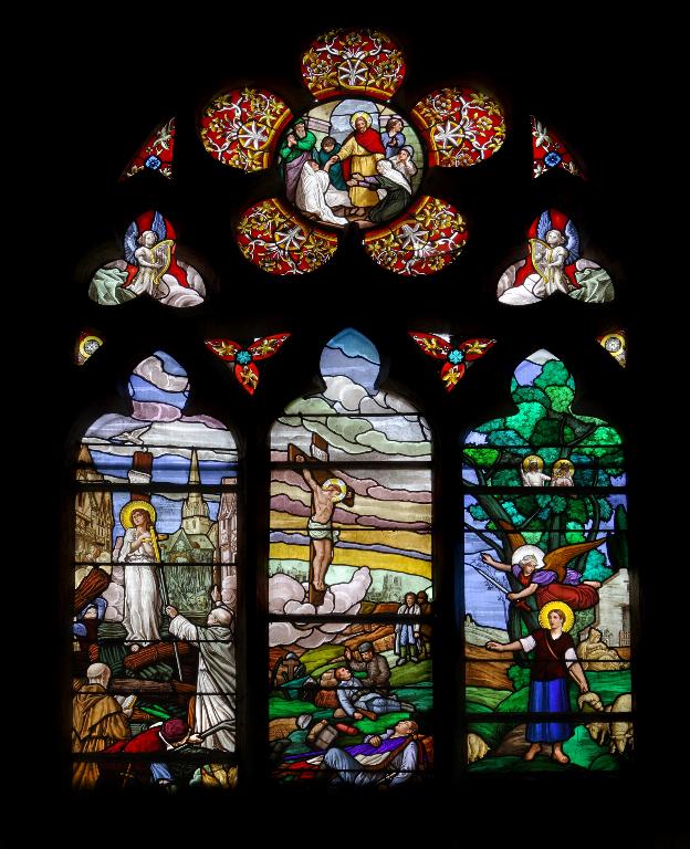 verrière hagiographique et commémorative de la guerre de 1914-1918 : Vie de Jeanne d'Arc