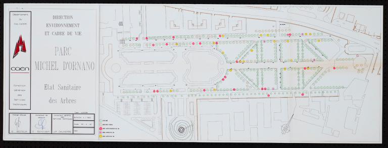 Parc Michel d’Ornano : état sanitaire des arbres.- Tirage sur papier, Direction Générale des Services Techniques de la Ville de Caen, 11 octobre 1999. (Archives Région Normandie. 827 W 30).