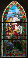 Verrière hagiographique et commémorative : Saint Georges terrassant le dragon ; à la mémoire de Georges Vuillamy