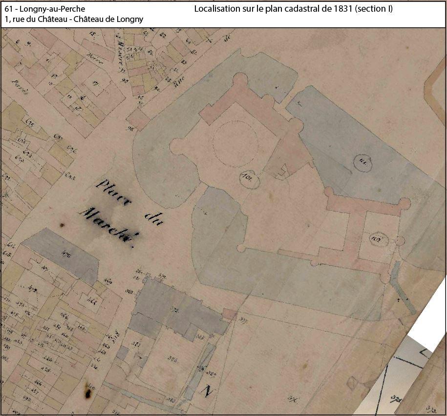Extrait du plan cadastral de 1831, section I.- Encre et aquarelle sur papier (AD Orne - 3 P 2-230/1 => 3 P 2-230/21).