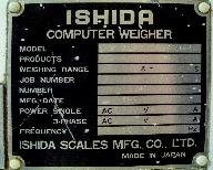 Doseuse pondérale à pesée associative Ishida, modèle CCW.Z.208.B, n°16045 : plaque signalétique n°2 et inscriptions techniques.
