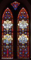 Verrière hagiographique et commémorative de la guerre de 1914-1918 : Scènes de la vie de la Vierge Marie, à la mémoire de Albert Rivière (baie 2)