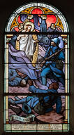 Verrière historiée et commémorative de la guerre de 1914-1918 : Apparition du Christ en Gloire à des soldats, à la mémoire de Raymond Laurence (baie 2)