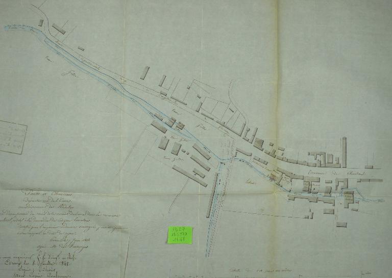 Plan de situation de la fabrique d’indiennes de Mme Vve Gallot située en amont du moulin à blé Lancelevée, 7 juin 1848 (AD Eure. 18 S 510).