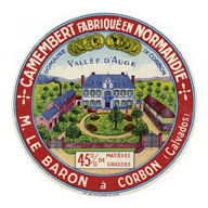 Corbon. Fromagerie industrielle Le Baron. "Camembert fabriqué en Normandie - M. Le Baron à Corbon (Calvados) - Domaine de Corbon - Vallée d'Auge".- Etiquette de fromage. (Musée de Normandie, Caen).